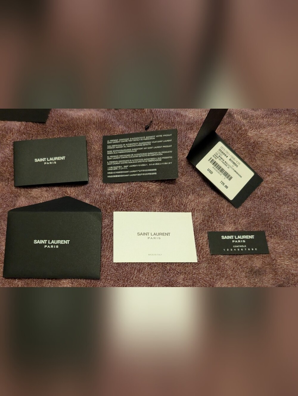 Saint Laurent YSL 358094 Cassandre Wallet Authenticity Cards Tag Paper Set